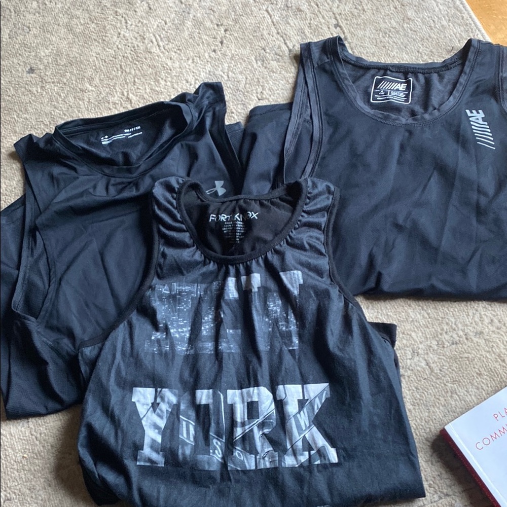 3 men’s tank tops size small American eagle under armour black